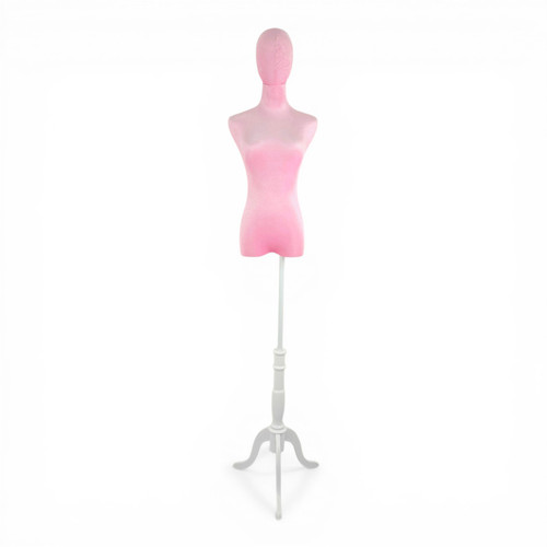 Premium Pink Velvet Female Plastic Torso with Adjustable Height Wooden Stand