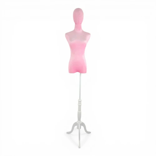 Premium Pink Velvet Female Plastic Torso with Adjustable Height Wooden Stand, full-height product view on a white background, gallery image 13 of 15