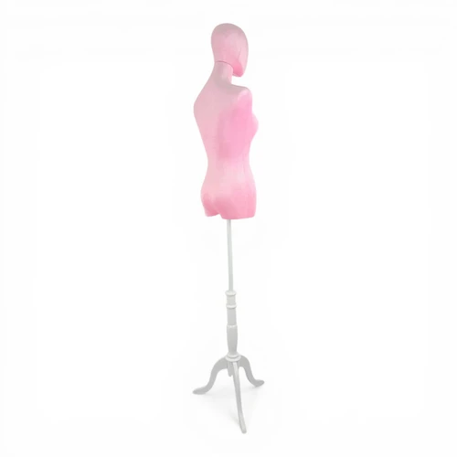 Premium Pink Velvet Female Plastic Torso with Adjustable Height Wooden Stand, full-height product view on a white background, gallery image 10 of 15