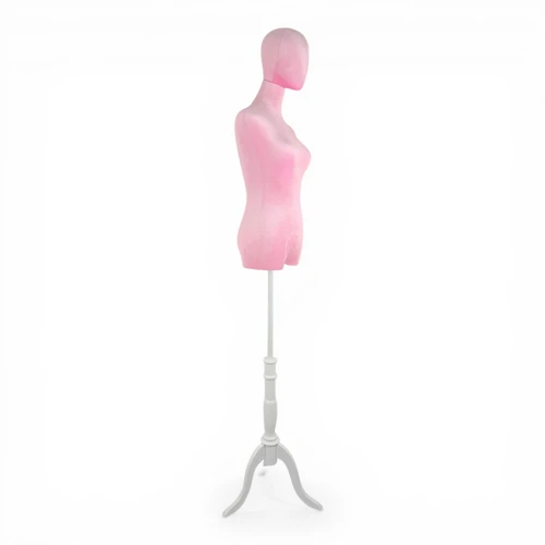 Premium Pink Velvet Female Plastic Torso with Adjustable Height Wooden Stand, full-height product view on a white background, open, centred square layout