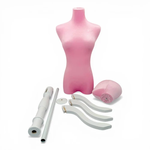 Premium Pink Velvet Female Plastic Torso with Adjustable Height Wooden Stand, full-height product view on a white background, balanced, centred square layout
