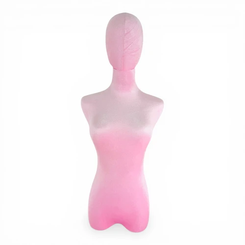 Premium Pink Velvet Female Plastic Torso with Adjustable Height Wooden Stand, full-height product view on a white background, gallery image 8 of 15
