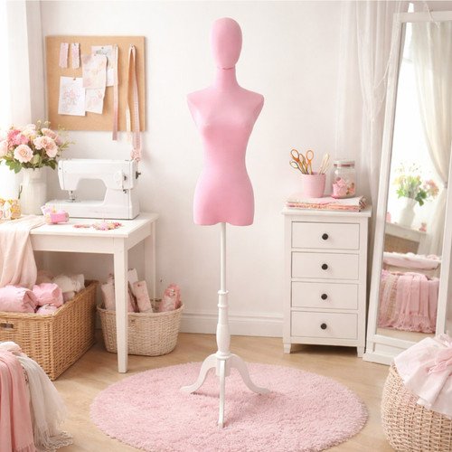 Premium Pink Velvet Female Plastic Torso with Adjustable Height Wooden Stand