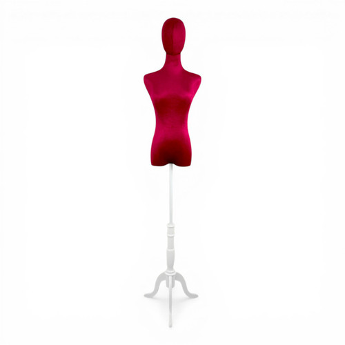 Premium Red Velvet Female Plastic Torso with Adjustable Height Wooden Stand