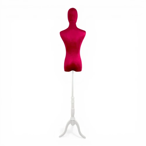 Premium Red Velvet Female Plastic Torso with Adjustable Height Wooden Stand, full-height product view on a white background, gallery image 13 of 16