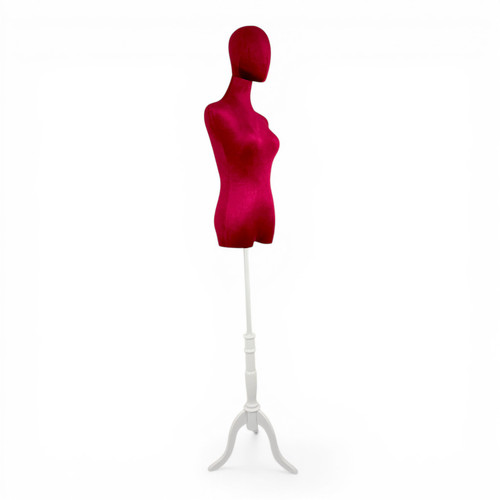 Premium Red Velvet Female Plastic Torso with Adjustable Height Wooden Stand