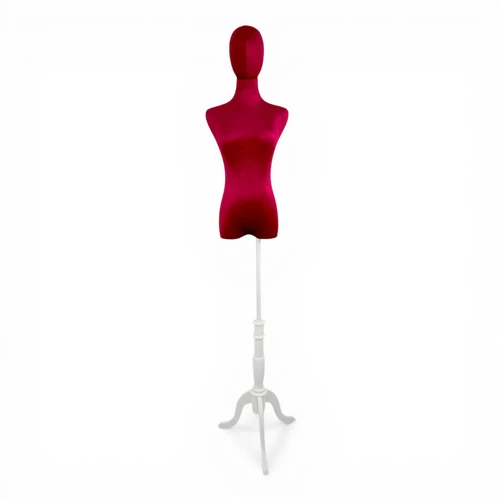 Premium Red Velvet Female Plastic Torso with Adjustable Height Wooden Stand, full-height product view on a white background, gallery image 15 of 16