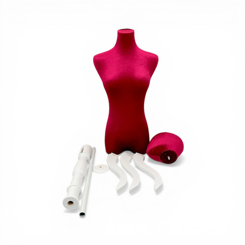 Premium Red Velvet Female Plastic Torso with Adjustable Height Wooden Stand