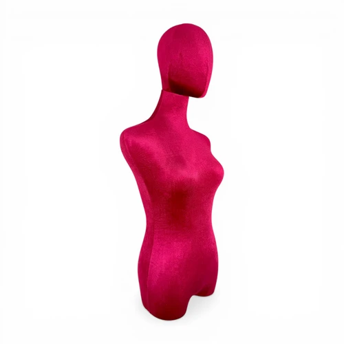 Premium Red Velvet Female Plastic Torso with Adjustable Height Wooden Stand, full-height product view on a white background, gallery image 10 of 16