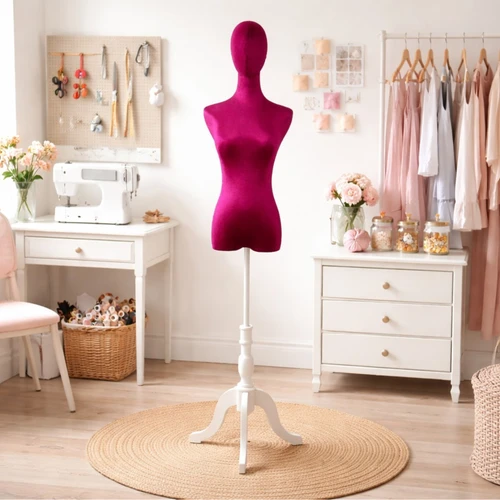 Premium Red Velvet Female Plastic Torso with Adjustable Height Wooden Stand, close product view against a light background