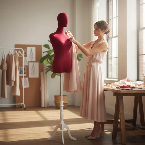 Premium Red Velvet Female Plastic Torso with Adjustable Height Wooden Stand, product shown against a coloured background