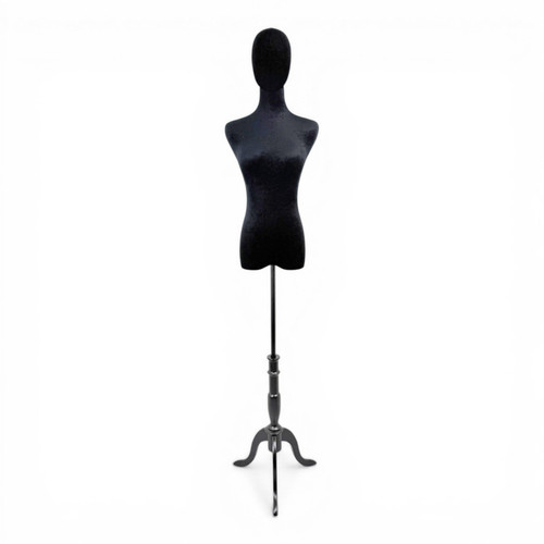 Premium Black Velvet Female Plastic Torso with Adjustable Height Wooden Stand