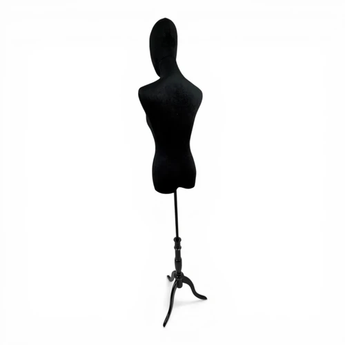 Premium Black Velvet Female Plastic Torso with Adjustable Height Wooden Stand