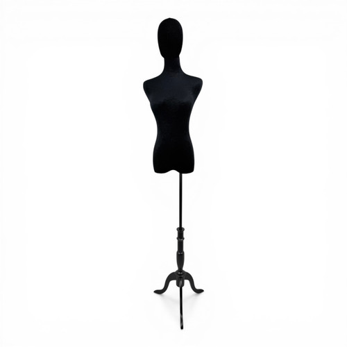 Premium Black Velvet Female Plastic Torso with Adjustable Height Wooden Stand