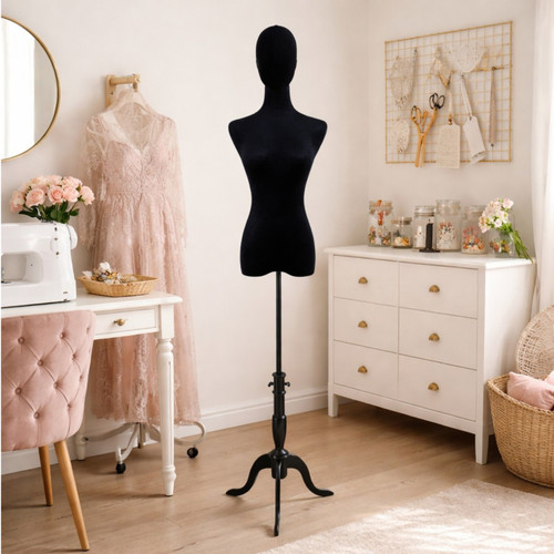 Premium Black Velvet Female Plastic Torso with Adjustable Height Wooden Stand, product shown against a coloured background