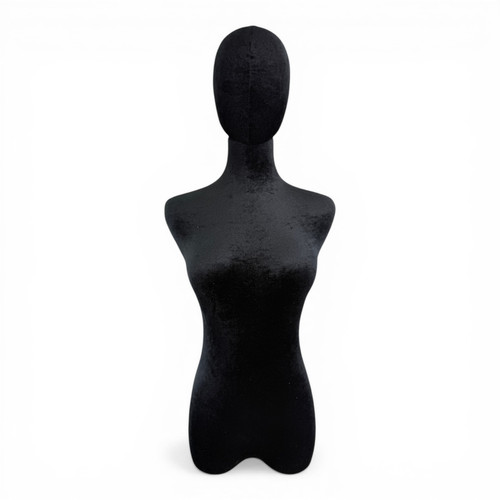 Premium Black Velvet Female Plastic Torso with Adjustable Height Wooden Stand