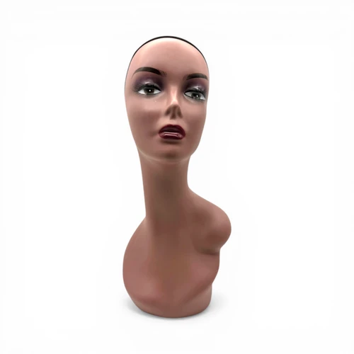 Female Mannequin Head Bust 47cm Brown Plastic Wig Hat Display with Mesh Cap, full-height product view on a white background
