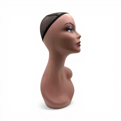 Female Mannequin Head Bust 47cm Brown Plastic Wig Hat Display with Mesh Cap, full-height product view on a white background, balanced, centred square layout