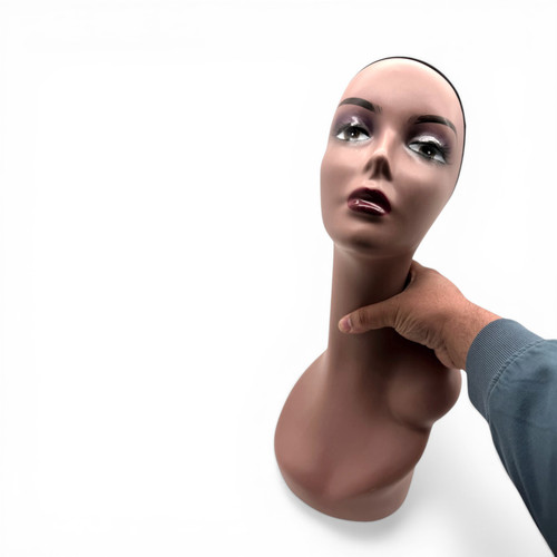 Female Mannequin Head Bust 47cm Brown Plastic Wig Hat Display with Mesh Cap, product shown against a coloured background