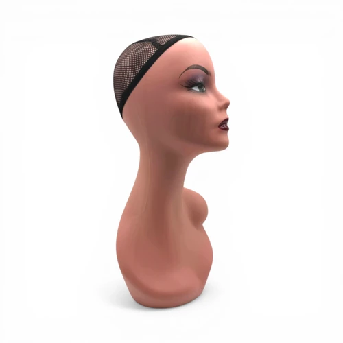 Female Mannequin Head Bust 47cm Peach Pink Wig Display with Mesh Cap, full-height product view on a white background, balanced, centred square layout