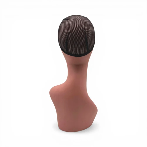 Female Mannequin Head Bust 47cm Peach Pink Wig Display with Mesh Cap, full-height product view on a white background, brightly lit product image