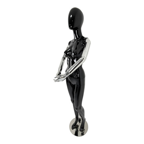 Premium Female Faceless Glossy Black Egg Head Mannequin with Chrome Arms & Base