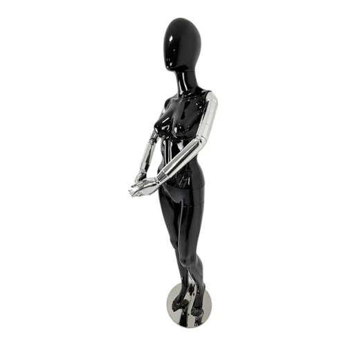 Premium Female Faceless Glossy Black Egg Head Mannequin with Chrome Arms & Base, base detail on a white background, gallery image 12 of 15