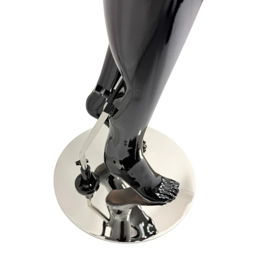 Premium Female Faceless Glossy Black Egg Head Mannequin with Chrome Arms & Base, base detail on a white background, gallery image 9 of 15