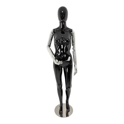 Premium Female Faceless Glossy Black Egg Head Mannequin with Chrome Arms & Base, base detail on a white background, gallery image 7 of 15