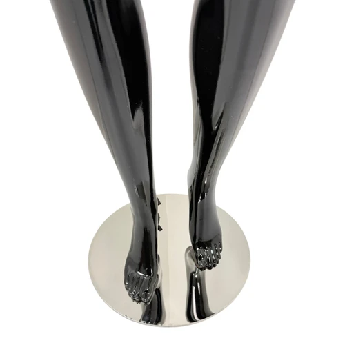 Premium Female Faceless Glossy Black Egg Head Mannequin with Chrome Arms & Base, base detail on a white background, full-height product photograph