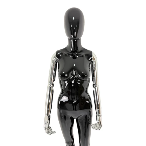 Premium Female Faceless Glossy Black Egg Head Mannequin with Chrome Arms & Base, base detail on a white background, balanced, centred square layout