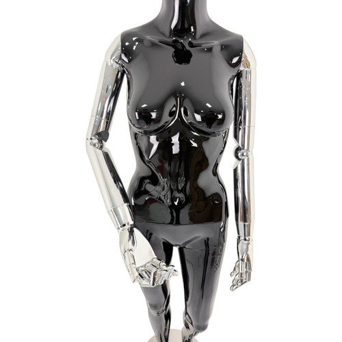Premium Female Faceless Glossy Black Egg Head Mannequin with Chrome Arms & Base