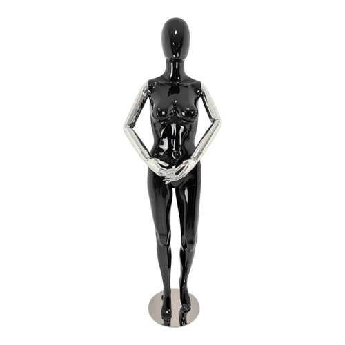 Premium Female Faceless Glossy Black Egg Head Mannequin with Chrome Arms & Base