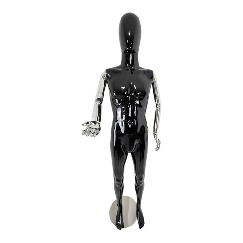Premium Male Faceless Glossy Black Egg Head Mannequin with Chrome Arms & Base