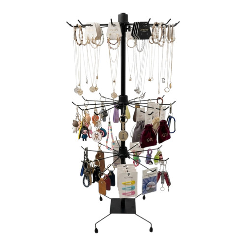 3 Tier Rotating Jewelry Display Stand Metal Necklace Bracelet Holder Rack, full-height product view on a white background, full-height product photograph