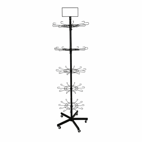 5 Tier Heavy Duty Rotating Display Stand with Wheels Metal Retail Spinner Rack, full-height product view on a white background