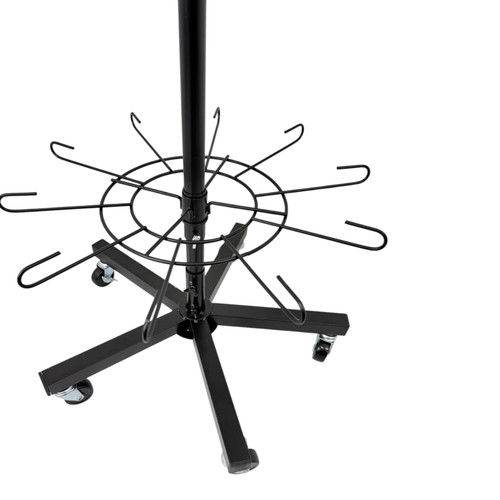 5 Tier Heavy Duty Rotating Display Stand with Wheels Metal Retail Spinner Rack, close product view on a white background, tight, left-balanced square layout