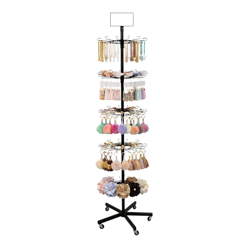 5 Tier Heavy Duty Rotating Display Stand with Wheels Metal Retail Spinner Rack