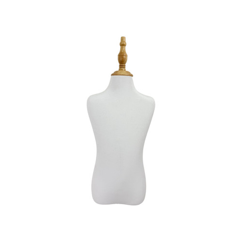 Children Tailors Dummy White Torso Dress Form with Round Base Stand, base detail on a white background, standard product photograph