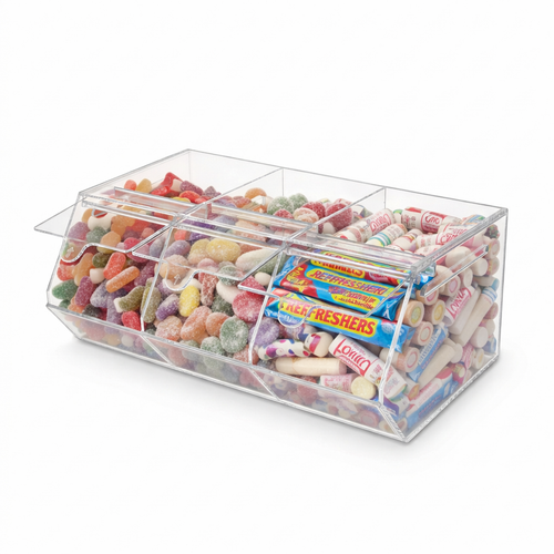 3 Section Acrylic Pick & Mix Sweet Dispenser Clear Candy Display Unit, product shown on a white background, gallery image 7 of 8