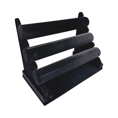 3 Tier Black Velvet Jewellery Display Stand Bracelet Watch Holder, product shown on a white background, balanced, centred square layout