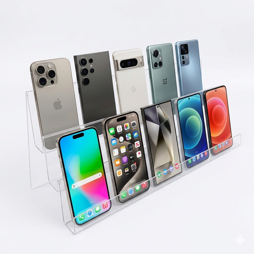 2 Tier Clear Acrylic Display Stand With Lip Phone iPad Holder, product shown on a white background, balanced, centred square layout
