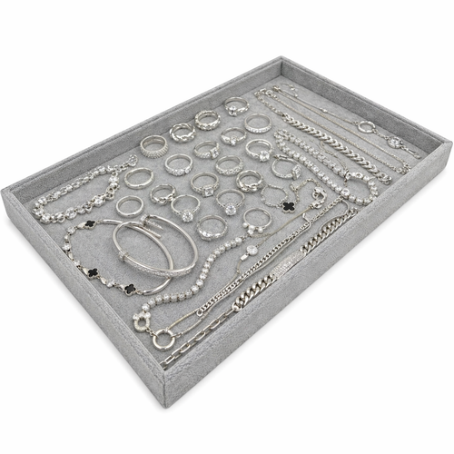 Grey Velvet Jewellery Organizer Tray Wood Ring Display 35×24×3cm