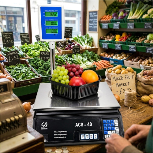 40kg Digital Kitchen Scale Price Computing Retail Food Weighing UK, printed product shown against a coloured background