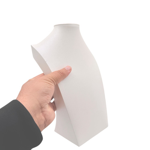 White Shiny Leatherette Necklace Bust Display Stand Jewellery Display, product shown against a coloured background, balanced, centred square layout