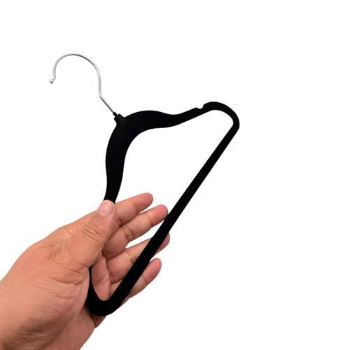 Kids Black Velvet Coat Hangers Non Slip Slim Swivel Hook 29cm