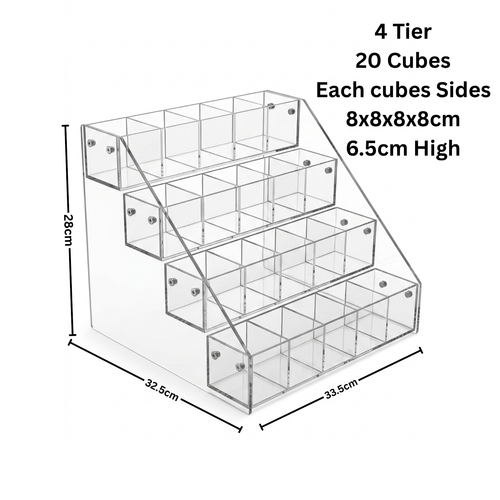 4 Tier Acrylic Cube Display Stand Countertop Organiser 20 Compartments, close product view on a white background