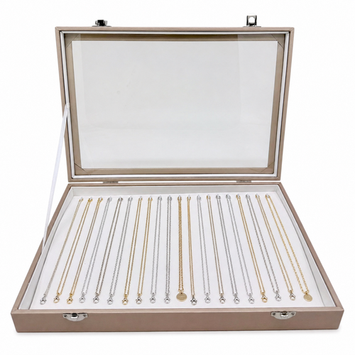 Luxury Rose Gold Leatherette Glass-Lid Jewellery Box for Chains