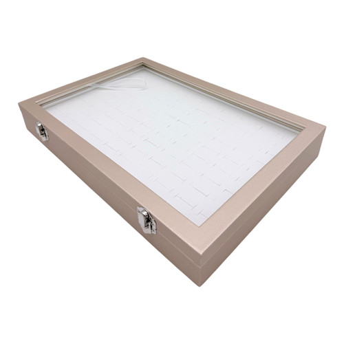 Luxury Rose Gold Leatherette Glass-Lid Ring Box for 100 Rings