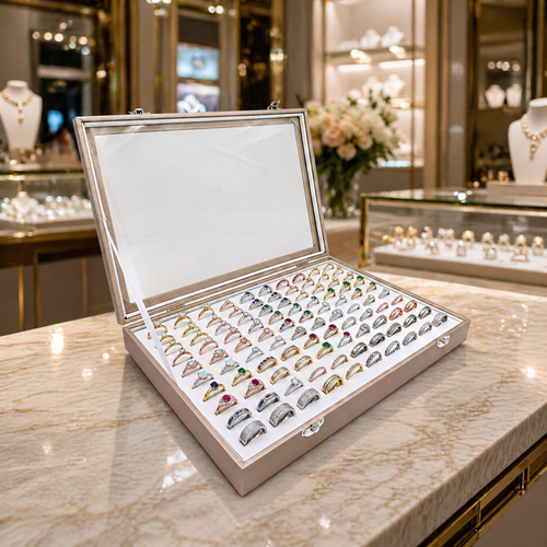 Luxury Rose Gold Leatherette Glass-Lid Ring Box for 100 Rings, product shown against a dark background